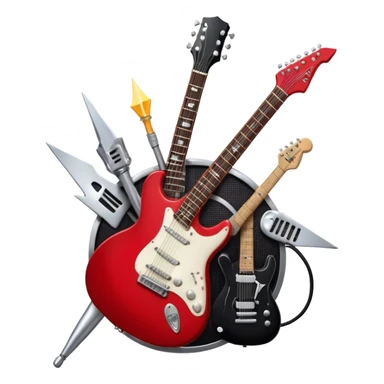 Create a bold and dynamic emoji representing rock vocal performance in a humanless collage. The design should feature a vintage microphone at the center, surrounded by key rock elements like an electric guitar, drumsticks, and a guitar pick. Include symbols of energy, such as lightning bolts or flames, and subtle musical notes or sound waves to evoke the raw power of rock vocals. Use dark, bold colors like black, silver, and red, with hints of chrome or metallic accents to convey the edgy, rebellious spirit of rock music. The background should be transparent. sticker