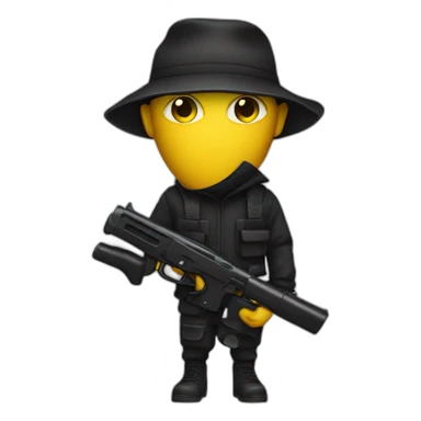 person that looks like a robber with a black watergun with yellow skin sticker