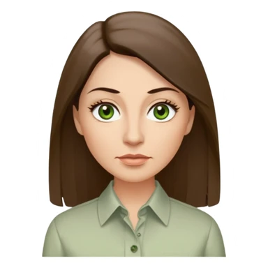 43 year old Adult woman avatar, light skin tone, long, oval face, long straight ashy brown hair, green almond-shaped eyes with dramatic eyelashes and minimal eyeliner, neutral mouth, medium straight eyebrows, average nose, smooth skin,  seersucker collared button down shirt sticker