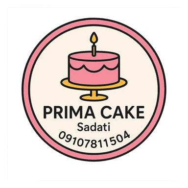 A circular logo for Prima Cake bakery with a pink cake at the center, featuring the text Prima Cake in English and the contact info Sadati 09107811504 below it. The logo should have a pink circular border and a white background, designed to be printable for cake decoration. The style should be elegant and suitable for a bakery sticker