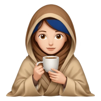 brown hair woman sitting under beige blanket, with a blanket over his head, holding cup of coffe sticker