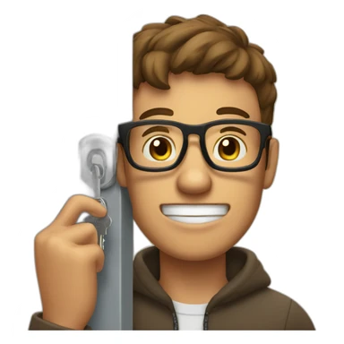 brown-short-haired man wearing glasses, struggling to fit a key into a door-lock sticker