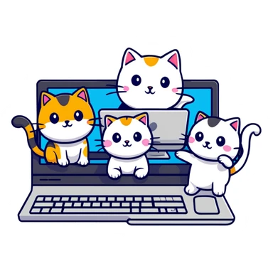 three cats at a computer, playful sticker style sticker