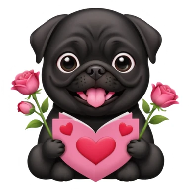 black pug holding valentine’s day card and flowers sticker