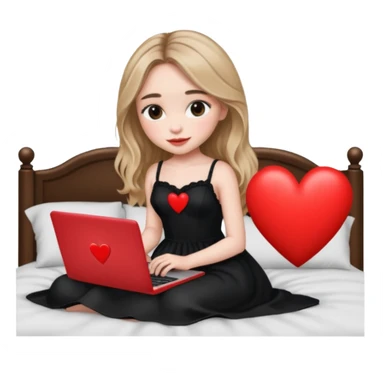 Sabrina carpenter in a black nightdress sitting on a bed with her laptop open and there is a heart on her laptop  sticker