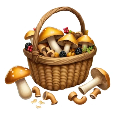 Icon for Mushroom and Berry Tourism: a basket filled with mushrooms chanterelles, boletus and aspen and berries, surrounded by forest elements like trees, leaves and a hiking boots. The icon should capture the joy of foraging in nature. Transparent background. sticker