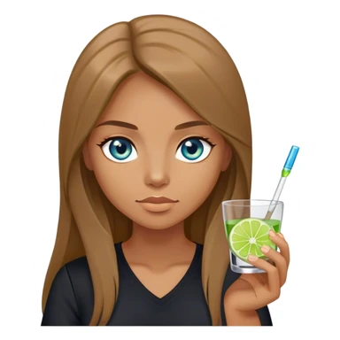 tan woman, black shirt, long light brown straight hair, grey blue eyes, holding a shot with lime sticker