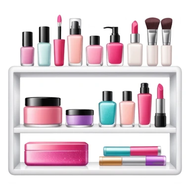 a white shelf with few beauty products and sparkles sticker