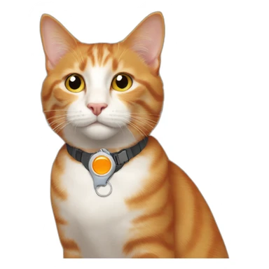 ginger cat with orange colored neckband and an airtag sticker