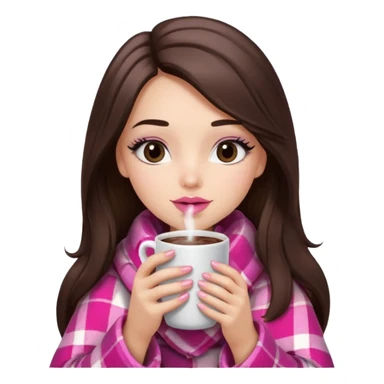 Pink lip, eyelashes, Black eyed brunette girl with long hair and light skin shoulders wrapped up in a pink plaid blanket drinking hot chocolate sticker