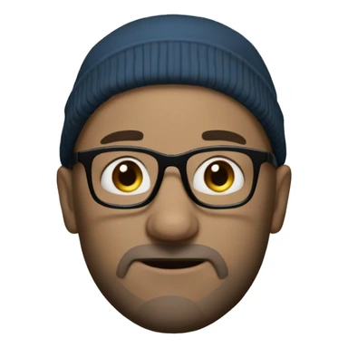 45 year old bald guy with blue eyes, black glasses and a beanie sticker