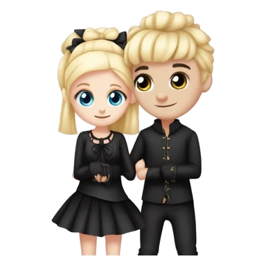 A boy and a girl cuddling the girl is short and the boy is tall the girl is blond and blue eyes with alot of pink and bows the boy is goth with black hait in a middle prt and pail skin he wear black sticker