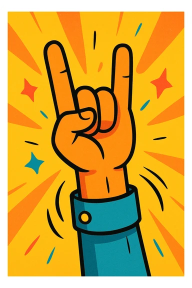 animated hand making a 'rock' gesture, moving upward, energetic motion, cartoon style sticker