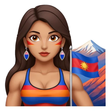 sexy and muscled, full body, brown skin Armenian caucasian girl, sexy Armenian girl, beautiful eyes, makeup, earrings, muscled, surrounded by mountains, Flag of Armenia - red, blue and orange stripes sticker