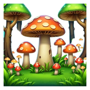 A stylized fantasy forest with glowing mushrooms and colorful tree sticker