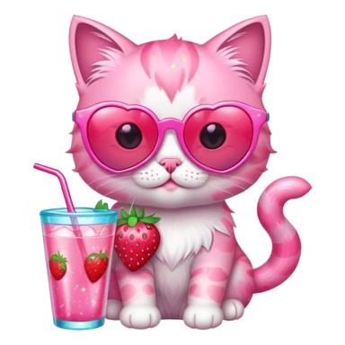 A bubblegum pink kitten with heart-shaped sunglasses, sipping a strawberry soda, surrounded by sparkles and summer vibes. sticker