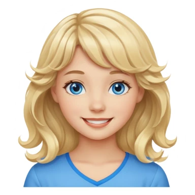 Please generate an image of a girl. She has blue eyes, blonde, wavy hair with bangs, and is smiling. sticker