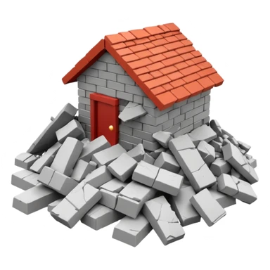 3D iPhone style emoji of a pile of bricks, roof pieces, and wall rubble, scattered and broken, isolated on white background, soft shadows, high detail, playful and cute sticker
