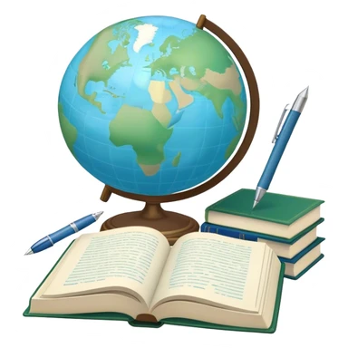 Create an emoji representing language translation. The design should feature a single globe in the background, symbolizing international communication. In front of the globe, place two opened books, with texts in it and a pen nearby to indicate the act of writing and vocabulary. Use a clean and professional color palette with blues, greens, and neutral tones. Do not include any emojis or smiley faces. Make the background transparent sticker