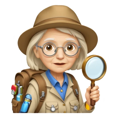 Explorer old woman backpack and magnifying glass, voyarer sticker