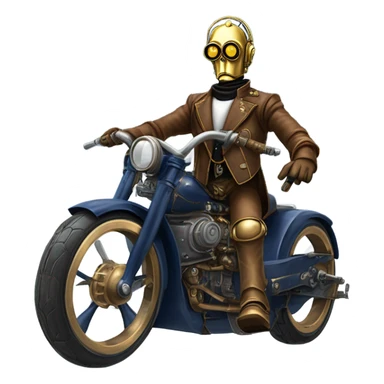 C-3PO wearing a pair of navy-blue rimmed steampunk goggles, hat, leather chaps, fringe jacket riding a fast 3 wheeler trike steampunk motorcycle on ice  sticker