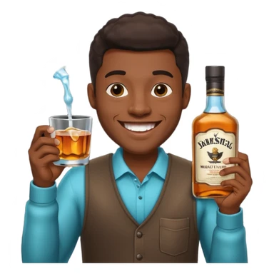 Black man with sparkling teeth, holding mouthwash and a cup of whiskey, black background sticker
