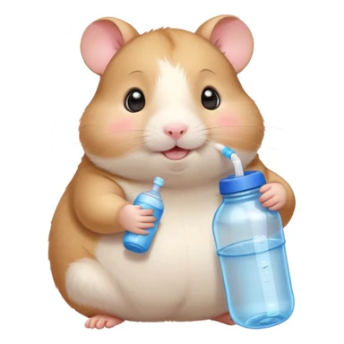Cute chubby cartoon-style hamster hugging an oversized water bottle, sipping with tiny straw, happy expression. Painterly shading, expressive eyes, white background, sticker-style illustration sticker
