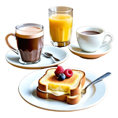 Un joli plateau sur lequel repose un délicieux petit déjeuner composé d’un croque-monsieur croustillant, d’un bol de yaourt aux fruits, d’une tasse de chocolat chaud garnie de guimauves et d’un joli vase contenant deux fleurs d’hibiscus sticker