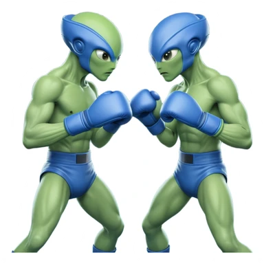 two aliens boxing in a fight stance, facing each other with raised gloves, dynamic action pose, intense expressions, sci-fi arena vibe, 3D cartoon style, mobile game icon style, clean background, no text, no watermark
 sticker