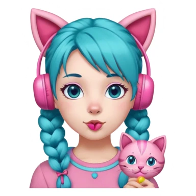 teal-blue hair with pigtails, pink lolipop on the mouth, light pink skin, pink eyes, pink top, pink cat earmuffs sticker