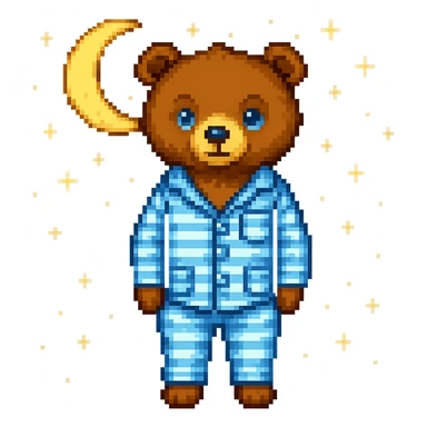 Add a moon and stars in the background, keep pixel art style, with no background except the moon and stars. The style should resemble pixel art. sticker