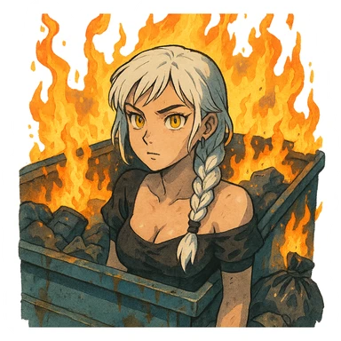 she is poking out from a garbage dumpster, fire, garbage fire, everything is on fire, a closeup portrait of young woman with gold yellow eyes, white hair, long braid, black off-shoulder top d-cup, punk gothic style, futuristic cyberwave cyberpunk, sticker