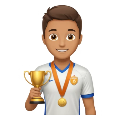 Happy light soccer player with a first-place medal and a trophy
 sticker