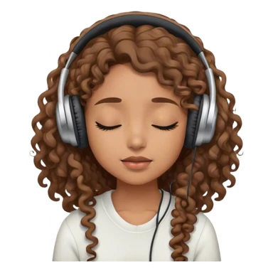 Light brown skin girl, long curly brown flat hair, eyes closed, headphones on listing to music sticker