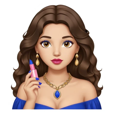 Light skinned girl, long wavy dark natural brown hair center-part with face framing pieces, big hazel eyes, small gold necklace, royal blue top, prominent blush, big lips, fancy long acrylic nails done, holding lipstick. She is curvy sticker