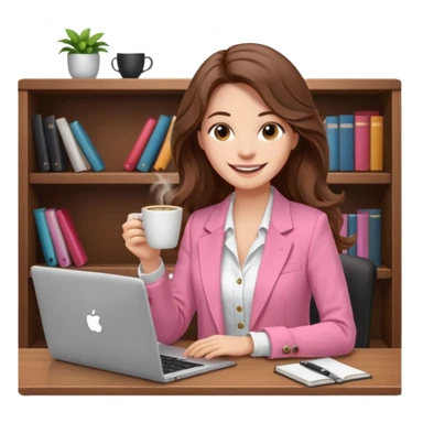 smiling woman with long wavy brown hair, pink blazer, white top, holding coffee and working on laptop — cozy home office background sticker