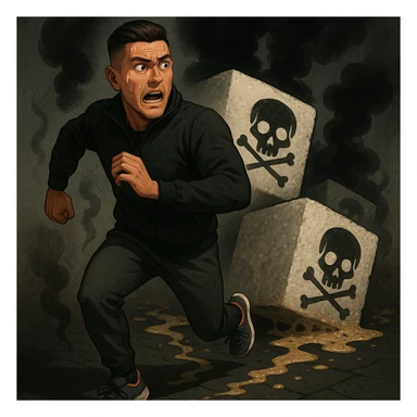 A man in his thirties inspired by the face in the reference photo, running away with a scared expression from huge stylized sugar cubes depicted as toxic with dark halos, poison symbols like skulls and black smoke. On the ground, traces of sugar melting and corroding what they touch. The man looks determined to escape, wearing sporty or casual clothes. The atmosphere is dark but dynamic, with strong symbolism of sugar as a harmful substance. sticker
