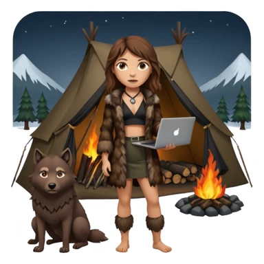 a NEANDERTHAL WOMAN WITH BROWN HAIR STANDING BY A FIRE AND TENT WITH BLACK WOLF HALTER TOP AND A LAPTOP AND FUR COAT sticker