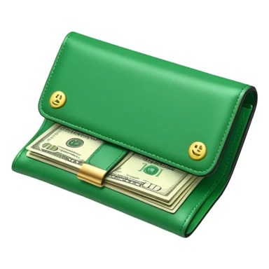 Rich emoji style green leather wallet with dollar bills, luxury money vibe, premium 3D emoji, ultra clean, high detail, no background sticker
