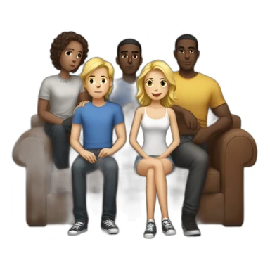 a light-skinned girl sits on a sofa and five dark-skinned guys stand behind sticker