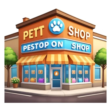 Modern building of a pet shop with a big glowing sign that says PETSHOP on the front. Colorful storefront, large windows showing pet products inside, cute animal illustrations on the walls, warm and friendly atmosphere, daytime, high-quality detailed render sticker