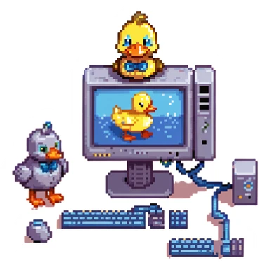 16-bit pixel art, retro game style, friendly computer with CRT monitor head, pixel smile, robot arms, next to cute yellow duck with round eyes, orange beak, fluffy feathers, blue bowtie, pixel gradient sky, clouds, warm lighting, cheerful, clean lines, isometric or side view sticker