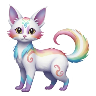 Jumping-Pure-snow-White albino iridescent with pastel rainbow-gradients-color-markings with swirly patterns butterflies  faerie-Noivern-Noibat-Purloin-Torracat-Lykoi-Caracal-cat-Fakemon-fusion-hybrid-creature- sticker