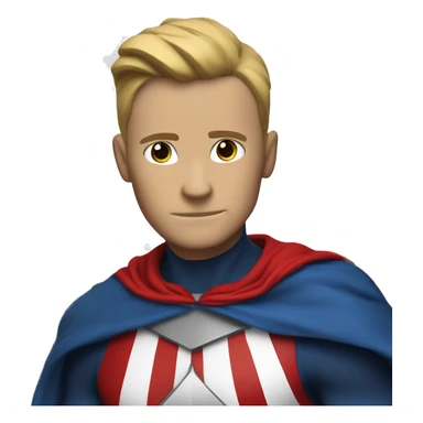 Emoji of Homelander from ‘The Boys’ series. USA flag-inspired costume with cape (red, blue, white). Confident, slightly menacing expression. sticker