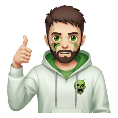 zombie with thumbs up gesture, undercut hairstyle with dark brown hair, short full beard, green eyes, wearing plain white hoodie sticker