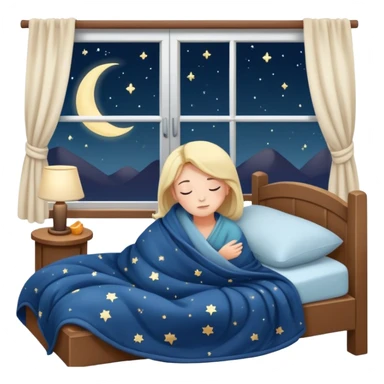 person going to bed on time, cozy blanket, night sky outside window, peaceful and friendly sticker
