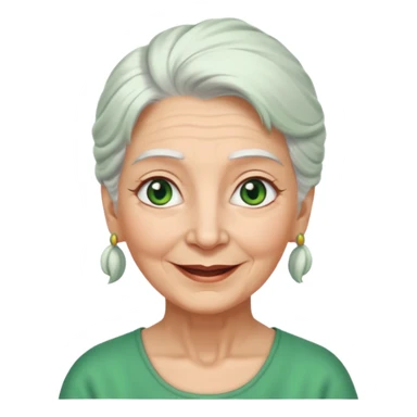 abuela con ojos verdes, pelo blanco, pelo blanco y amarrado, aspecto feliz, pelo blanco, no verde, solo verde los ojos sticker