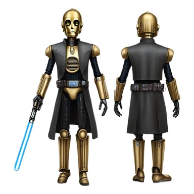 tarnished undercover tough well-equipped jedi first order life-sized darkblue-pearl C3po as a friendly bounty hunter droid wearing a leather clothing old west duster coat holding light saber sticker