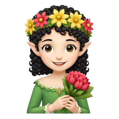 tiny Elf with Flower Crown, curley hair black, with flower bouquet sticker