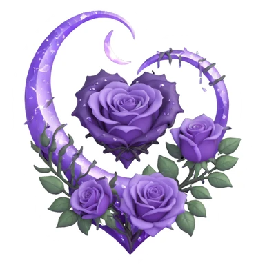 gothic heart, lavender purple glass, silver crescent moon, dark purple roses, iridescent stardust, white lightning, glossy rain effect, fractured glass texture sticker